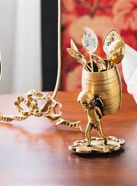 北欧风黄铜勺子刀叉收纳罐天使背篓牙签罐家居装饰品复古餐桌摆件