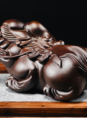 招财貔貅摆件黑檀实木雕刻一对公母金钱貔貅木质家居客厅玄关装饰