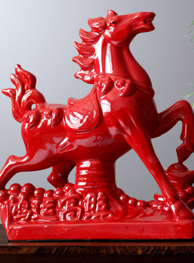 陶瓷红马摆件家居客厅摆设招财大红色唐马