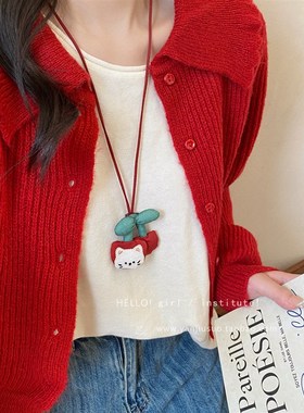 秋冬可爱毛绒绒小动物项链女独特小众设计长款爱心毛衣链挂脖配品