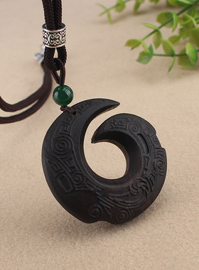 时来运转龙勾复古高档黑檀木吊坠长款项链简约百搭男女毛衣链配饰