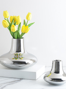 现简约轻奢银色锥形间瓷花器花瓶摆件家居样板陶软装饰品