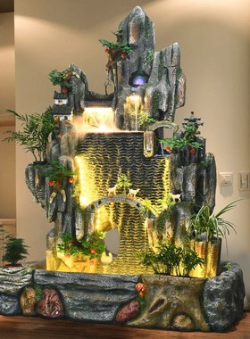 招财流水摆件水幕墙客厅酒店中式玄关庭院喷泉假山循环水造景装饰