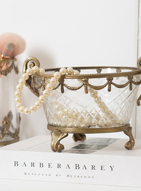 欧式黄铜玻璃果盘收纳桶托盘首饰盒纸巾盒框相镜子杯烛样板间摆件