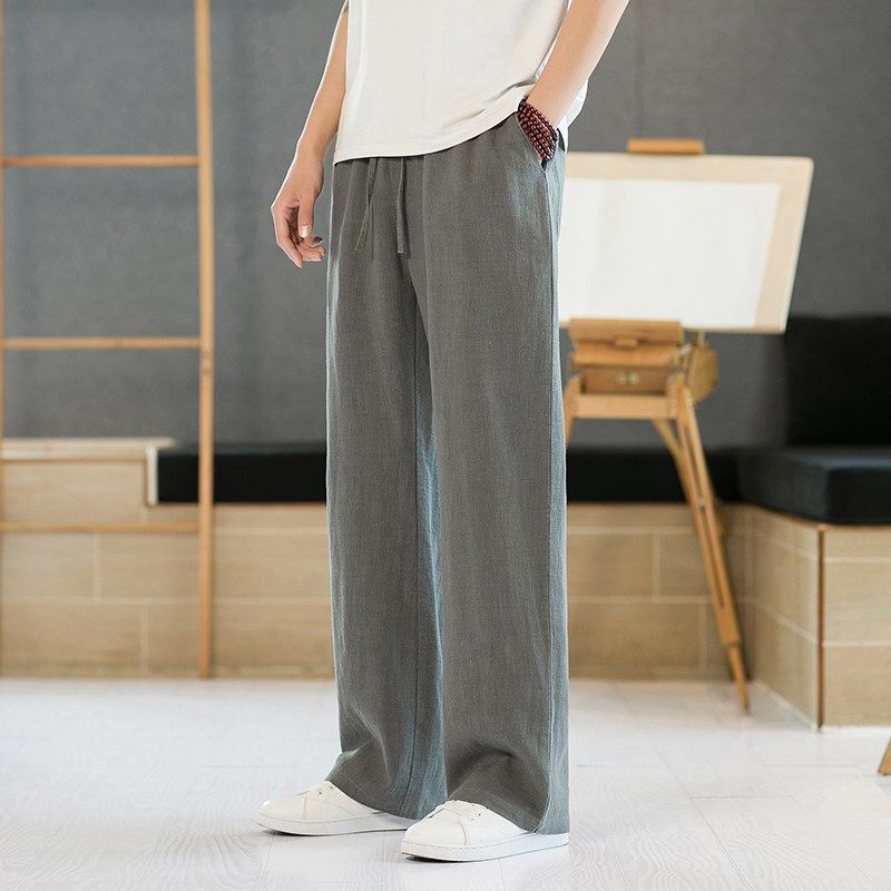 国潮棉麻透气直筒裤男士宽松大码阔腿哈伦裤苎麻百搭拖地休闲长裤,淘宝优惠券,粉丝福利购,淘宝优惠卷