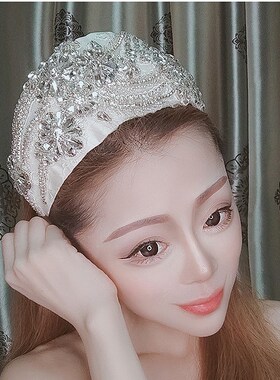 复古刺绣手缝绿色水晶发箍女宽边压发镶钻头箍女带齿防滑发卡高级