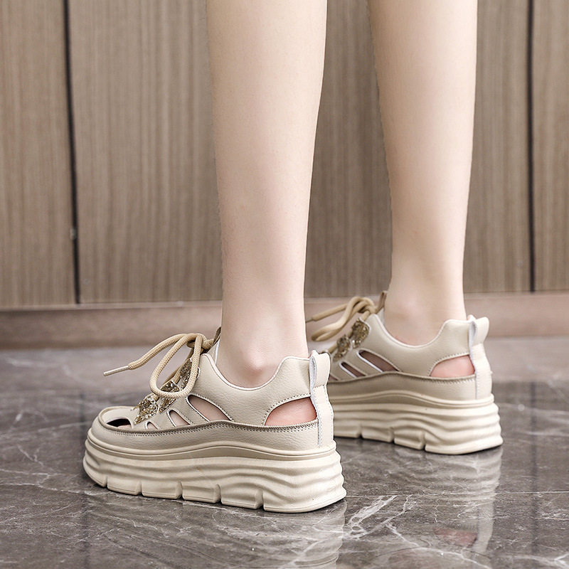 Baotou Sandals 2023 New Women's Summer Genuine Leather Hollow Wedge Heels Increased Thick Soles Hole White Shoes