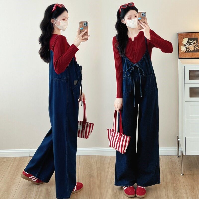 孕妇背带裤套装秋冬2024新款时尚洋气牛仔阔腿减龄背带裤两件套女,淘宝优惠券,粉丝福利购,淘宝优惠卷