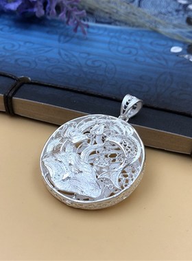 手工花鼓990纯银项链莲花鱼吊坠女款长款毛衣链秋冬挂链生日礼物