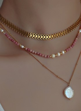 春夏上新粉色蔷薇石串珠淡水珍珠美式项链女款2024新款锁骨链女士