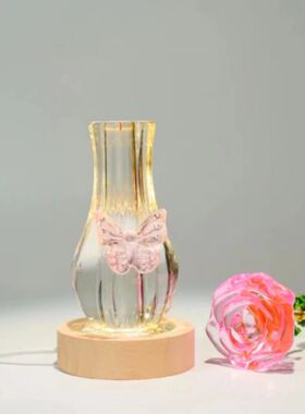 粉色水晶玫瑰花瓶带灯桌面装饰摆件客厅玄关餐桌摆件