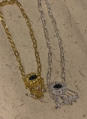 中古金属夸张中古恶魔之眼项链珍珠流苏吊坠颈链小众设计感锁骨链