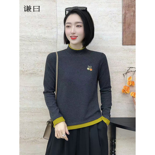 谦曰2025新款秋冬季双面德绒保暖内搭打底衫减龄显瘦纯色长袖T恤 - 图0