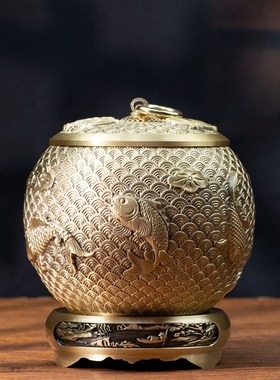 小铜记黄铜锦鲤茶叶罐储物罐五鱼带盖防潮密封家用茶室办公室摆件