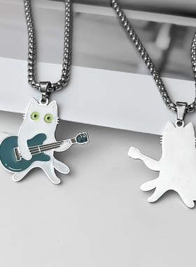 1995C 创意可爱项链男女卡通弹吉他的小猫吊坠学生潮流个性饰品