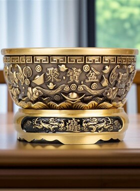 沈万三同莲聚宝盆摆件聚财招财家用装饰款铜黄花聚宝盆