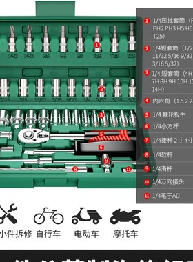 绿林46件套套筒扳手汽修工具大全修车工具套装1/4吋套筒扳手快速