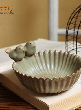 欧式田园陶瓷干果盘糖果盘盒 复居装饰品 小鸟点心盘