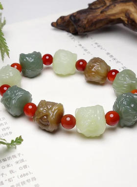 和田玉多宝醒狮手串精雕民族风玉石多宝仿古祥云手链单圈精美手环