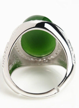 高档大气男女款天然和田玉碧玉镶嵌925银指环 可伸缩玉戒指带证书