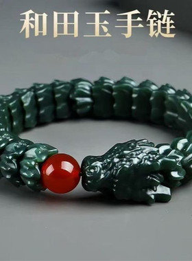 正品新疆和田玉籽料手链男女款青玉盘龙塔青玉石手串生日礼物