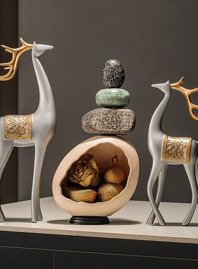 石来运转鹿摆件一对新中式客厅玄关鞋柜摆件办公室创意