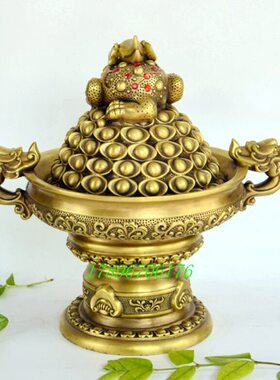 纯铜聚宝盆大号铜高脚元宝金蟾黄铜工艺品招财客厅财位摆件高35cm