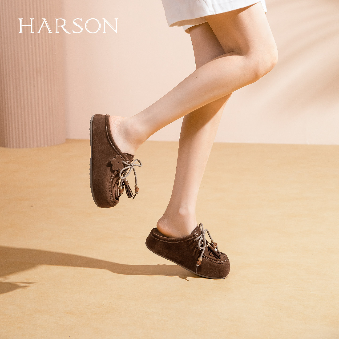 哈森绒面袋鼠鞋系带深口低跟皮鞋百搭通勤女鞋2025新款HWL250139,淘宝优惠券,粉丝福利购,淘宝优惠卷