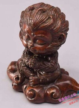 紫铜茶宠小物件 孙悟空至尊宝脚踏七彩祥云香插手把件 茶道摆件