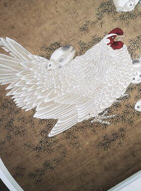 明 朱瞻基 花下貍奴图53x96cm 1:0.7子母鸡图53x74cm 2款合一卷
