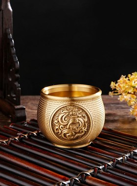 复古黄铜龙虎杯供奉百龙头w杯小摆件书房桌面装饰品茶具酒杯