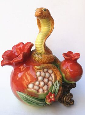 石湾陶瓷公仔纯手工中式家居装饰摆件客厅动物十二生肖蛇百子千孙