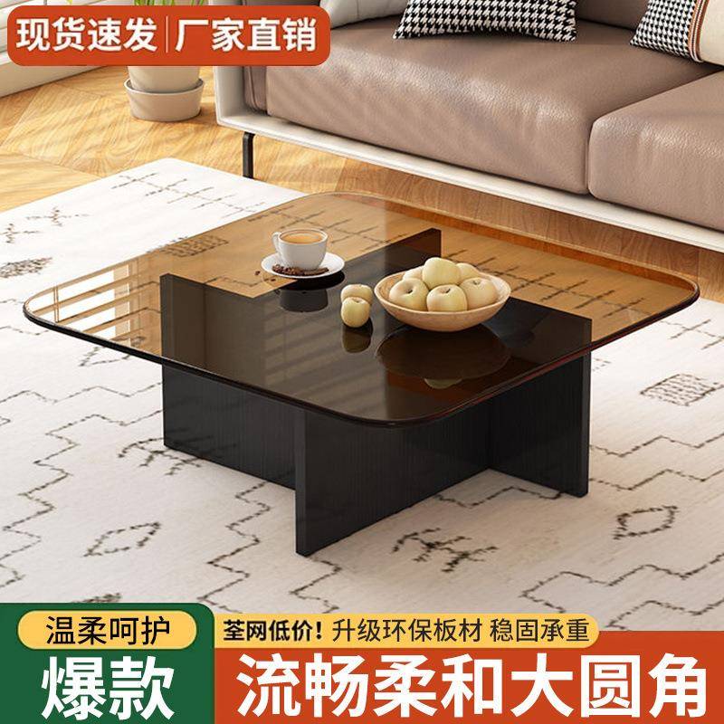 茶几轻奢现代简约方形意式钢化玻璃圆形茶桌小户型客厅家用极简桌 - 图2