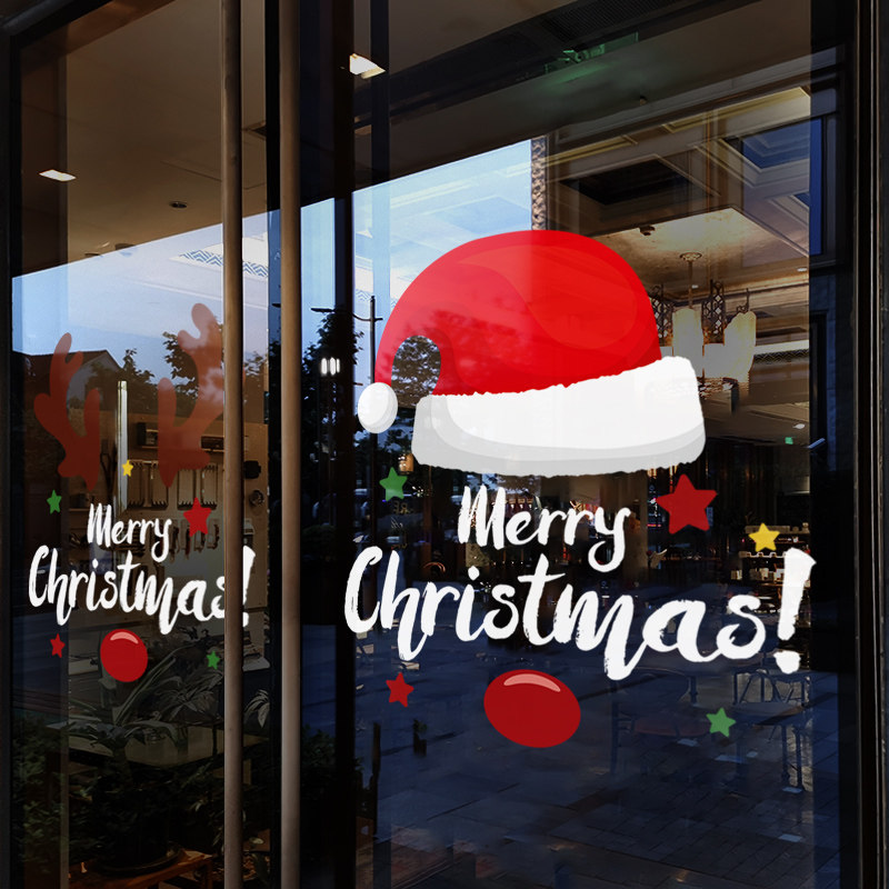 耶诞装饰布置窗贴节日氛围门贴耶诞帽装扮玻璃贴店铺橱窗静电贴纸 - 图1