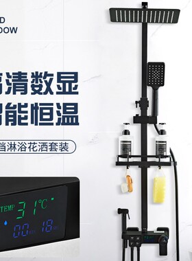卫浴黑色淋浴花洒套装家用全铜卫生间增压数显沐浴室喷头