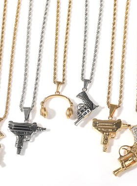 欧美街头嘻哈吊坠男潮时尚百搭不锈钢手枪吊坠毛衣链电镀链条饰品