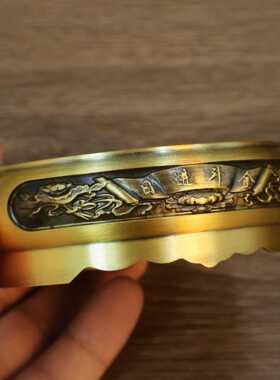 黄铜招财进宝雕花圆形底座中式日进斗山水香炉底座家用工艺品底托