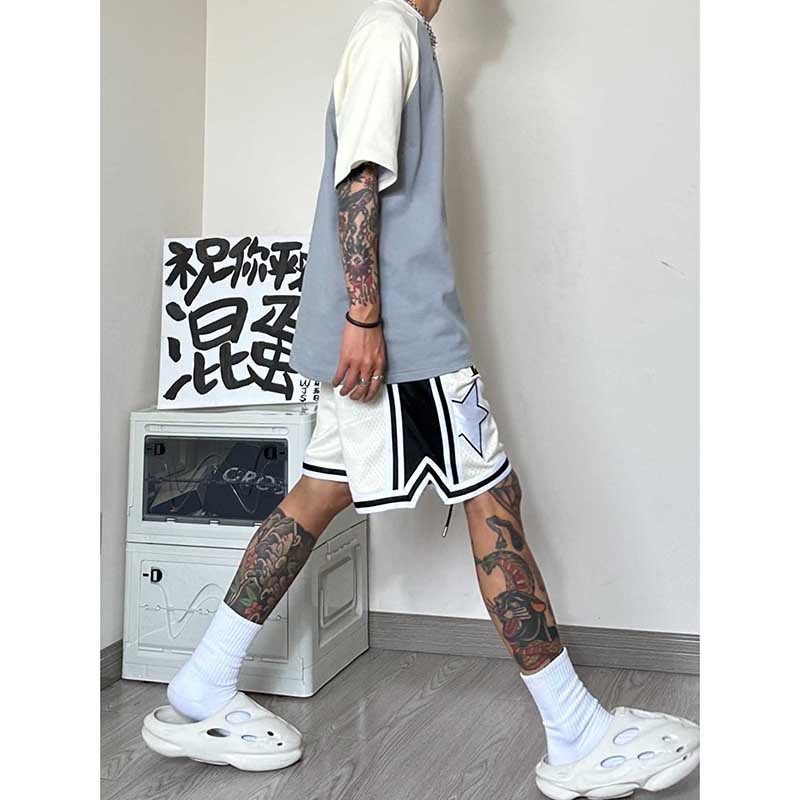 篮球美式运动短裤男夏季设计感星星印花宽松网格透气休闲五分裤潮,淘宝优惠券,粉丝福利购,淘宝优惠卷