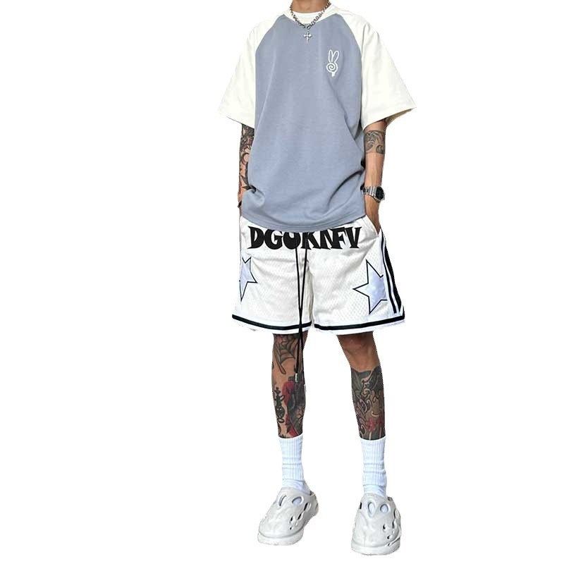 篮球美式运动短裤男夏季设计感星星印花宽松网格透气休闲五分裤潮,淘宝优惠券,粉丝福利购,淘宝优惠卷