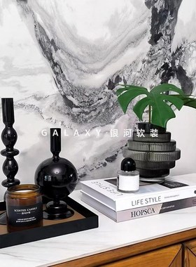现代简约黑色玻璃烛台摆件样v板间家居茶几托 托盘花瓶艺术软装饰