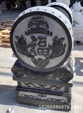 家用庭院户外传统艺术摆件门口装饰荷花动物雕刻青石抱鼓石一对