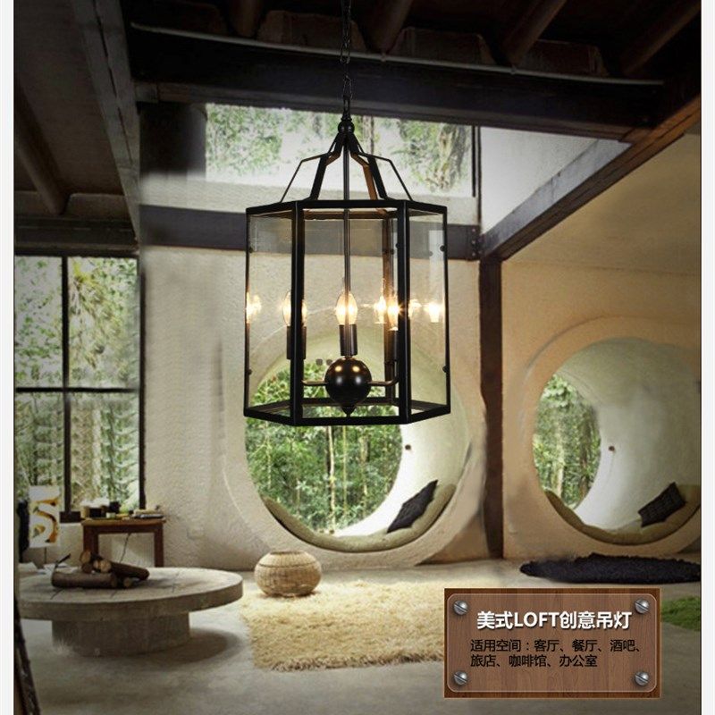 LOFT复古工业风铁艺吊灯北欧个性F餐厅吧台六面体4头玻璃箱吊灯,淘宝优惠券,粉丝福利购,淘宝优惠卷