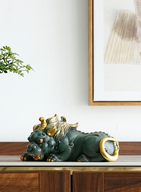 国潮风精品青砂石招财创意貔貅一对摆件中式家居T茶室书房桌面装