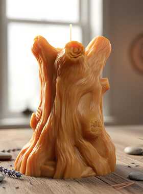 创意3D立体浣熊树桩蜡烛模具diy手工石膏滴胶装饰摆件硅胶模具