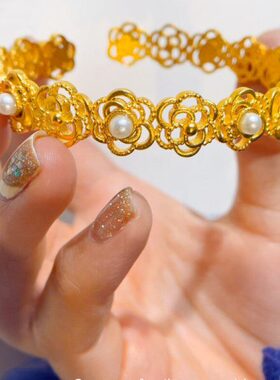 小红色同款5D工艺仿真结婚三金镯子唐草纹淡水珍珠镀金手镯