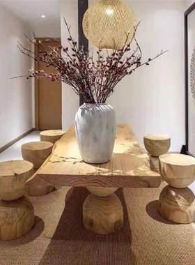北欧实木墩子g原木边几圆形凳子创意木头树墩根雕矮凳民宿树桩摆