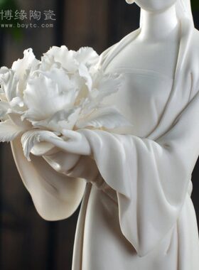 古典牡丹白瓷女人物化仙花卉 摆件 德美女雕塑礼品摆件收藏仕子