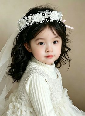 可爱儿童花环公主裙头纱发饰2026新款女童生日珍珠发箍公主头饰品