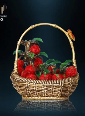 客厅荔枝铜花篮双名品商务礼品摆件摆设书房利玄关装饰收新中式