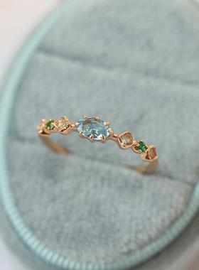 小众设计蓝托帕石戒指女彩色宝石镀金清新阿卡朵同款气质闭口指环